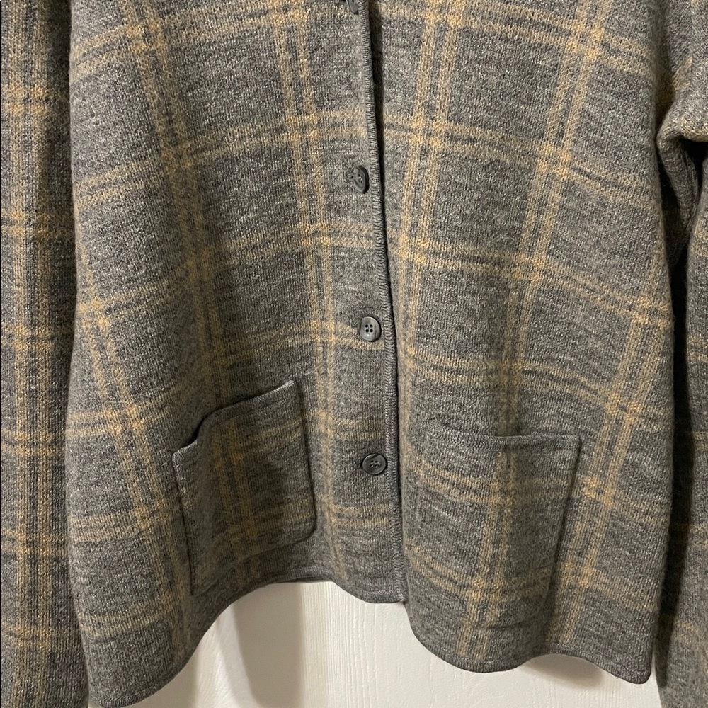Rena Rowan Vintage 100% Wool Plaid Sweater Jacket Button Down Tan & Gray Large - Picture 5 of 9